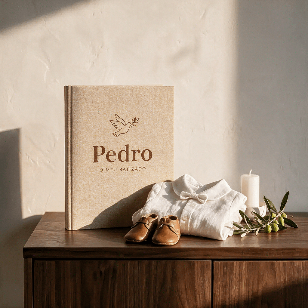 Álbum em linho bege com capa «Pedro / O MEU BATIZADO» e pomba, sobre cómoda de madeira