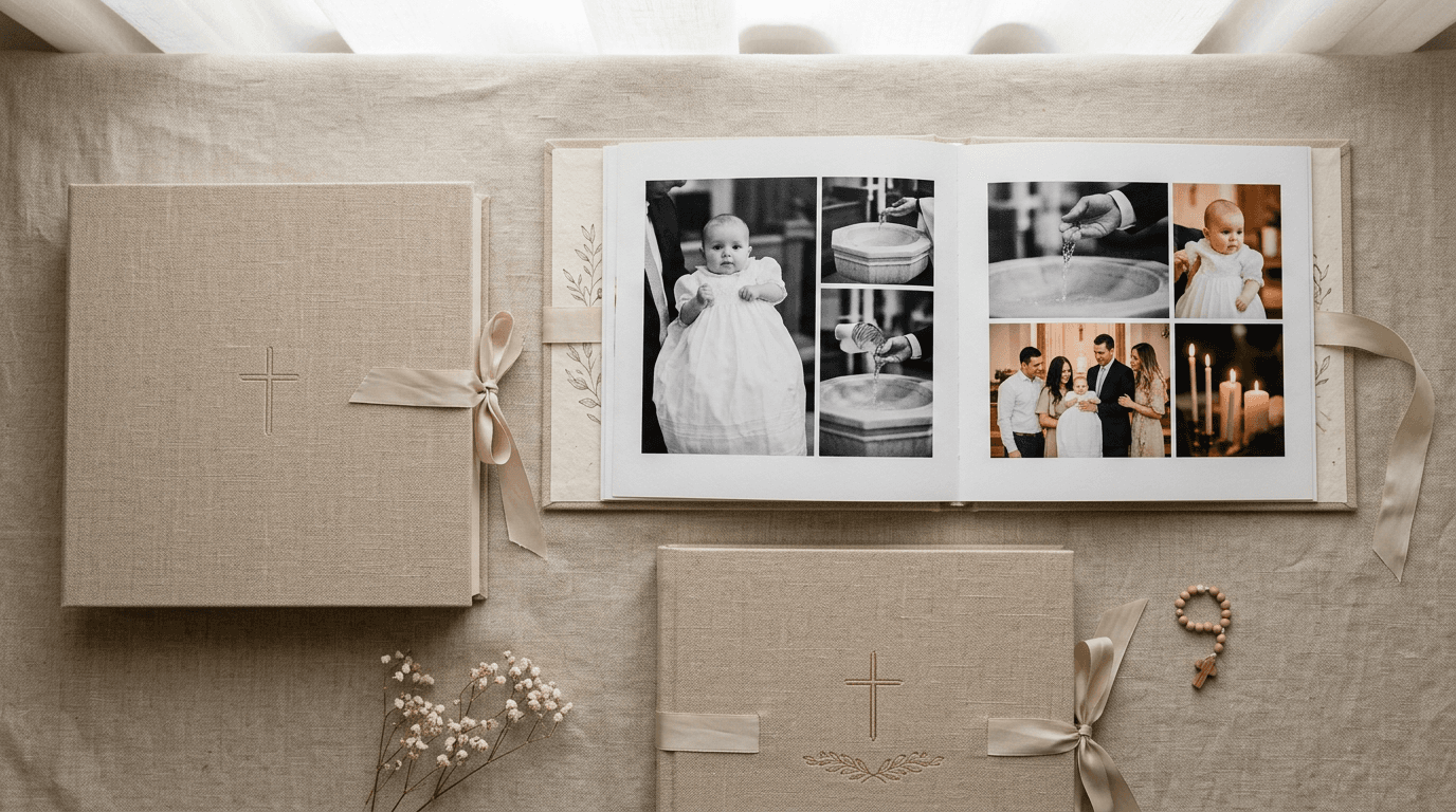 Álbum em linho bege com caixa de apresentação e pormenor de páginas abertas — composição editorial