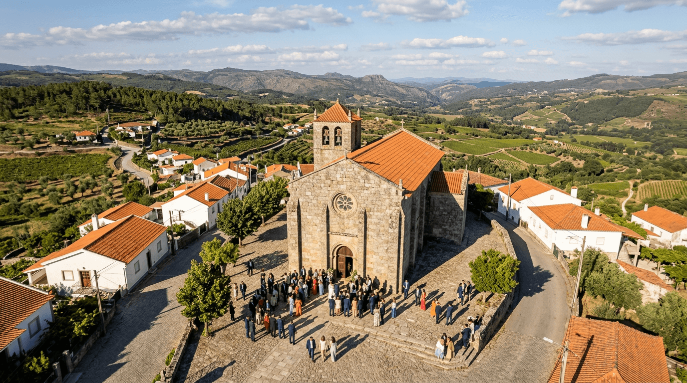 Vista aérea de igreja e convidados — exemplo de enquadramento com drone.