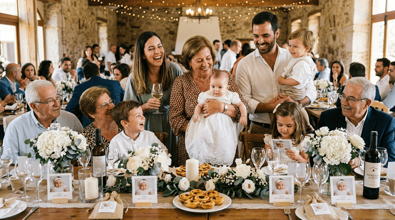 Família e crianças na festa após o batizado, com lembranças impressas na mesa.