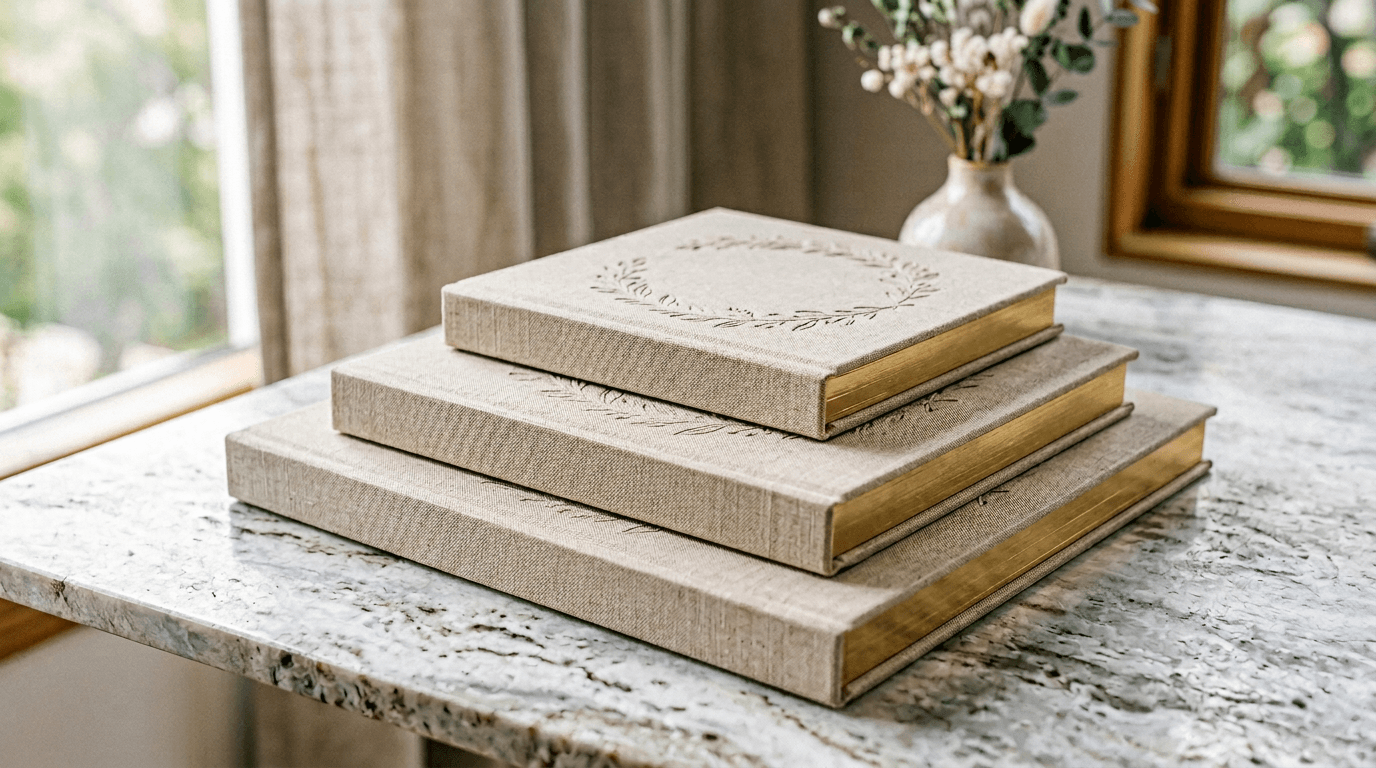 Pilha de álbuns fotográficos em formatos diferentes — réplicas do álbum principal.